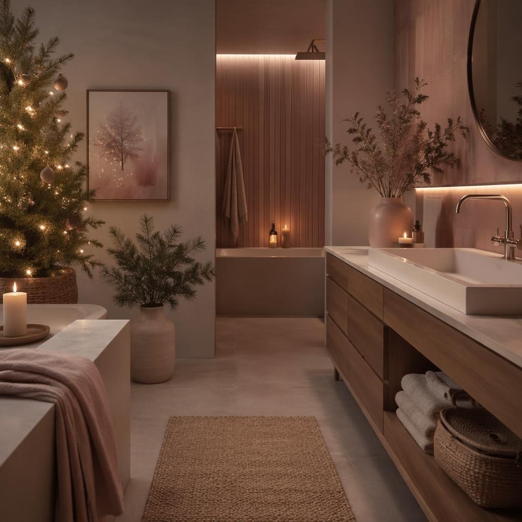 Salle de bain scandinave japandi en rose pastel et beige, matériaux naturels, plantes, textiles et ambiance chaude du soir