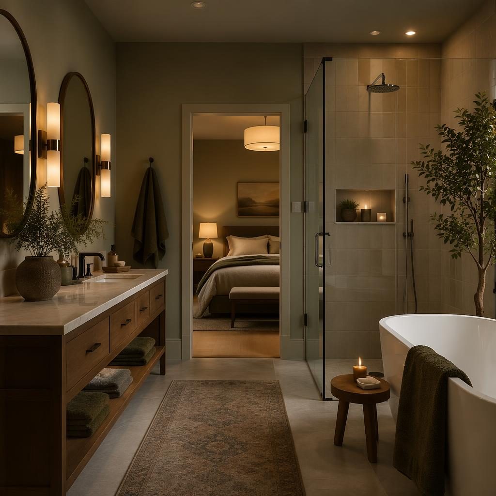 Mid-century en suite bathroom with earth tones, warm evening light, natural materials, plants, art, and soft ambient depth