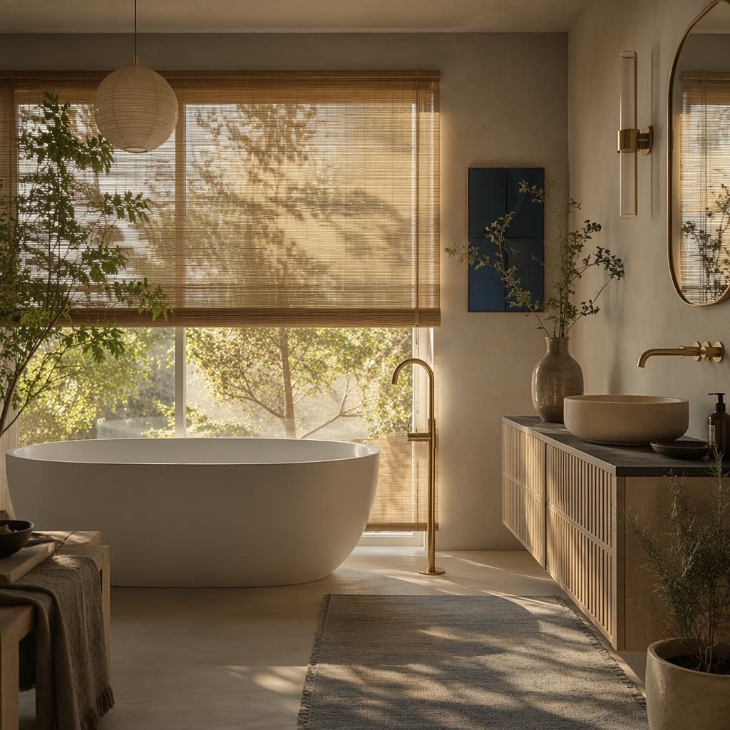 Baño escandinavo japandi con paleta azul y latón, luz dorada, madera natural, plantas, arte y textiles.
