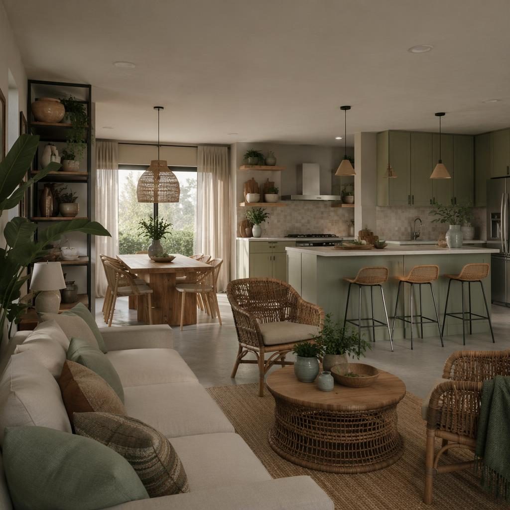 Render realista de sala-comedor-cocina integrados estilo boho, con ratán, tonos salvia y crema, plantas y luz difusa.