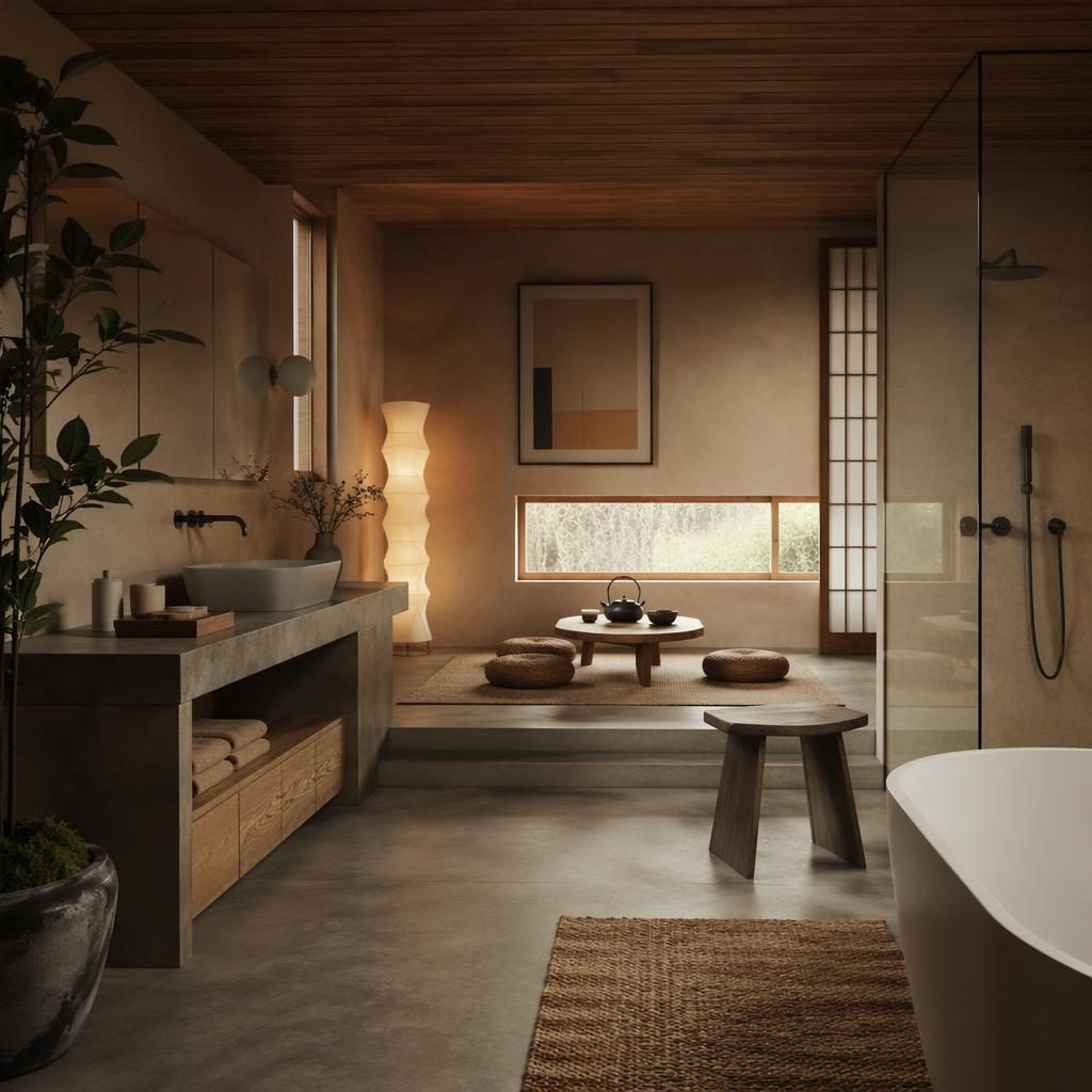 Japandi-Teeraum im Küstenbad mit Erdtönen, weichem Tageslicht, Naturmaterialien, Pflanzen, Kunst und Textilien