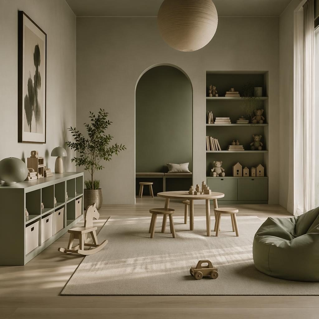 Pastellfarbenes Kinder-Spielzimmer im Japandi-Stil mit Salbei- und Cremetönen, Naturmaterialien, Pflanzen und Textilien.