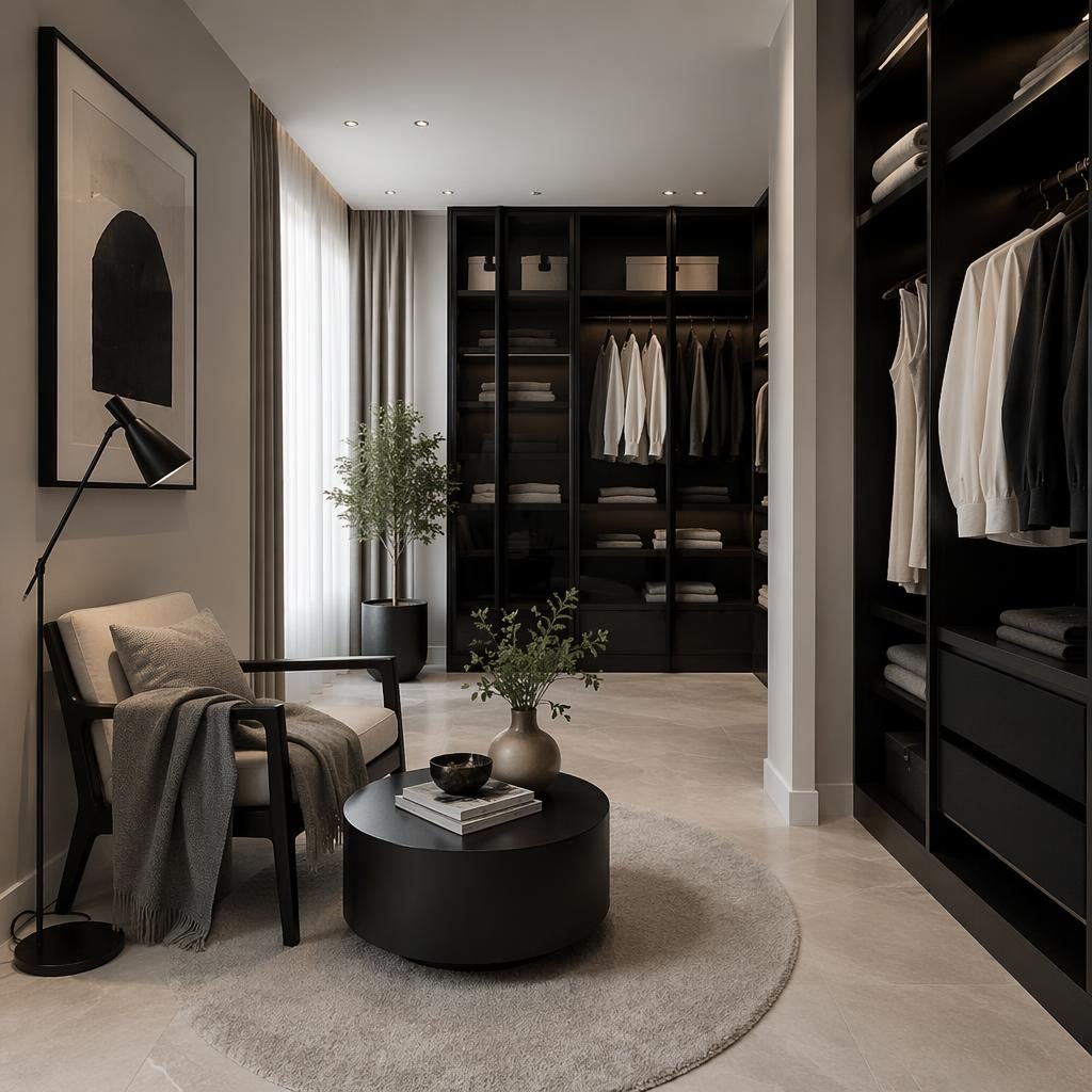 Vestidor contemporáneo en blanco y negro con rincón de lectura escandinavo, plantas, arte y textiles, sin personas.