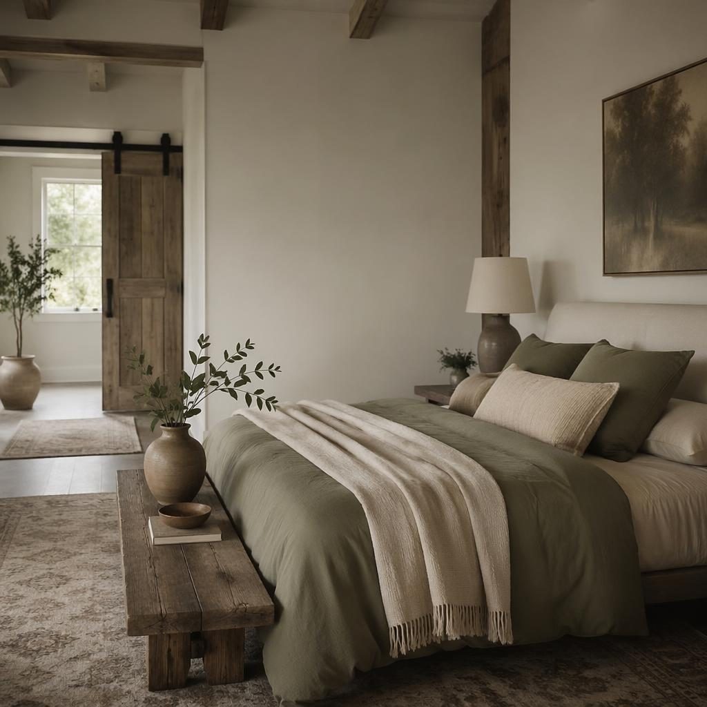 Minimalist white loft-style entryway with sage and cream accents, natural materials, plants, art, and moody lighting