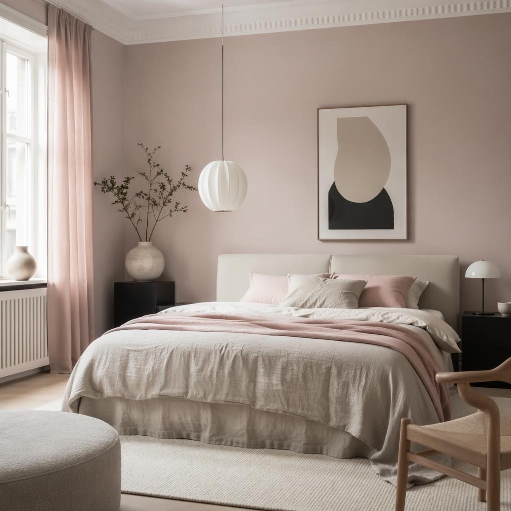 Pastellrosa-beiges Schlafzimmer mit weichen Textilien, hellem Tageslicht, Pflanzen, Kunst und natürlicher Einrichtung