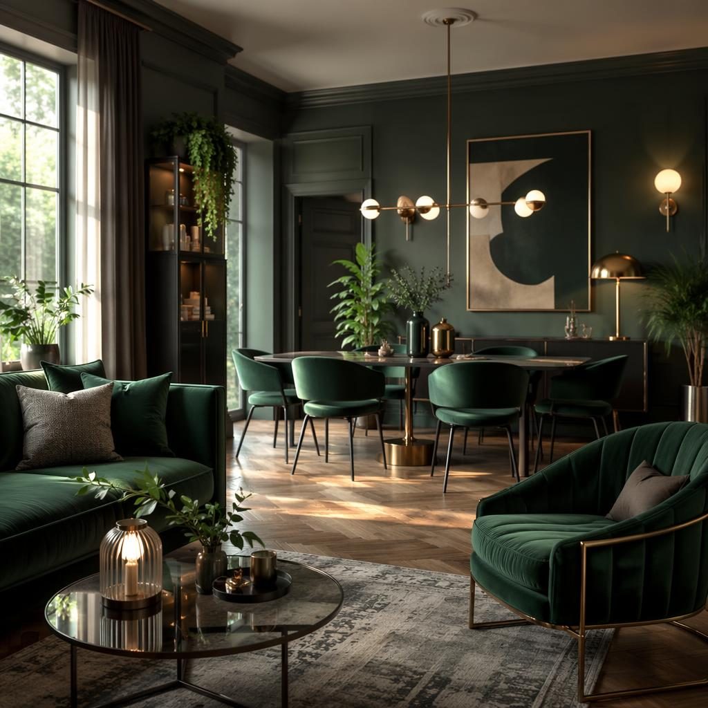 Art-Déco-Wohn-Esszimmer in Smaragdgrün mit warmen Naturtönen, Pflanzen, Kunst, Textilien und weichem Tageslicht