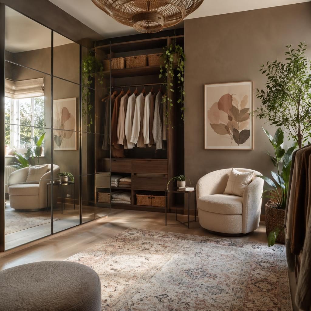Art deco walk-in closet in earth tones with a boho reading corner, plants, textiles, mirror styling and soft daylight