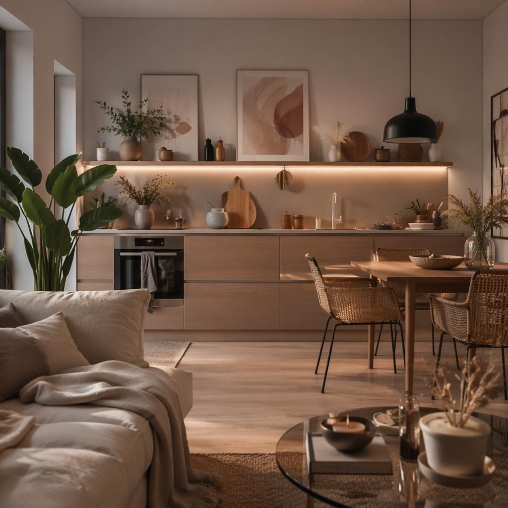 Küsten-Wohnzimmer in Weiß und Blau mit natürlichen Materialien, Pflanzen, Textilien und stimmungsvoller Beleuchtung