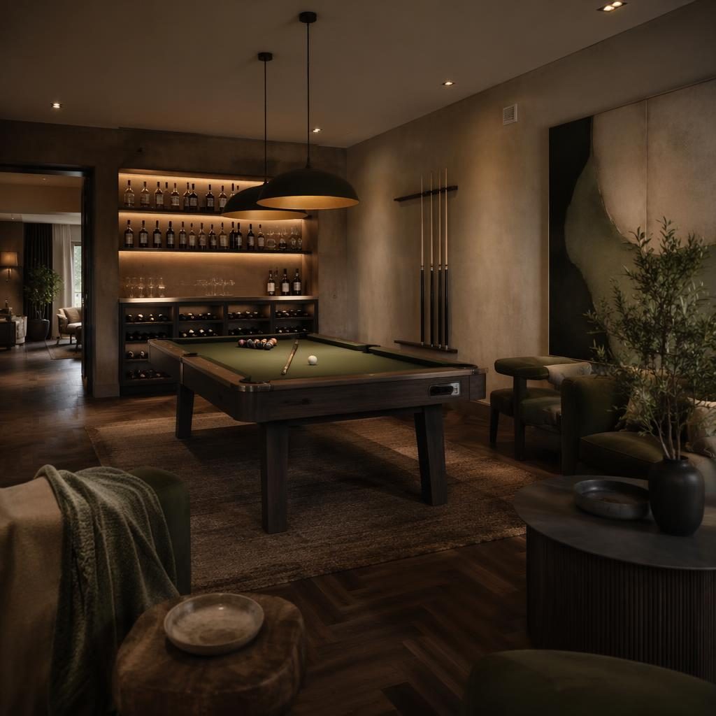 Entrada interior minimalista en tonos salvia y crema, con materiales naturales, plantas, arte y luz ambiental tenue.