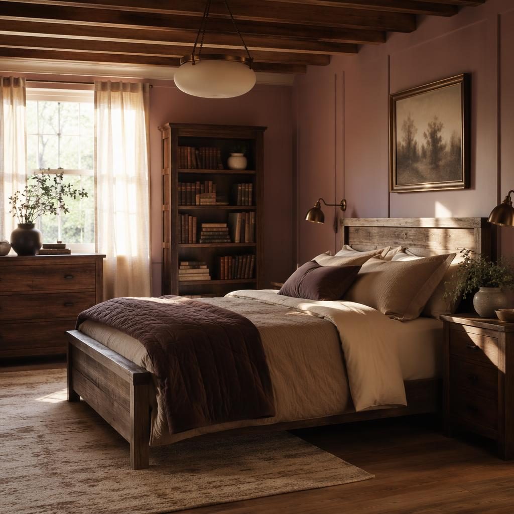 Minimalist farmhouse bedroom with reclaimed wood, pastel pink and beige textiles, plants, art, and golden hour light.
