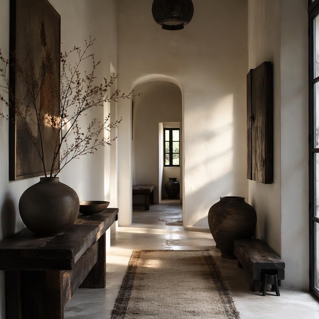 Scandinavian entryway with black and white palette, earthen wabi sabi decor, plants, textiles, art, and golden hour light