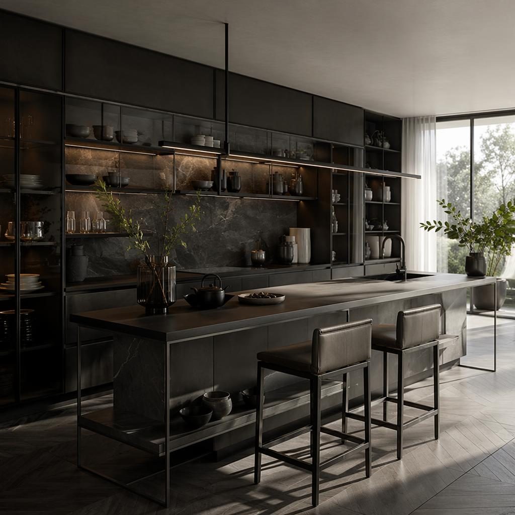 Moody coastal walk-in closet in cool greys with natural materials, plants, art, textiles, and cinematic interior styling.