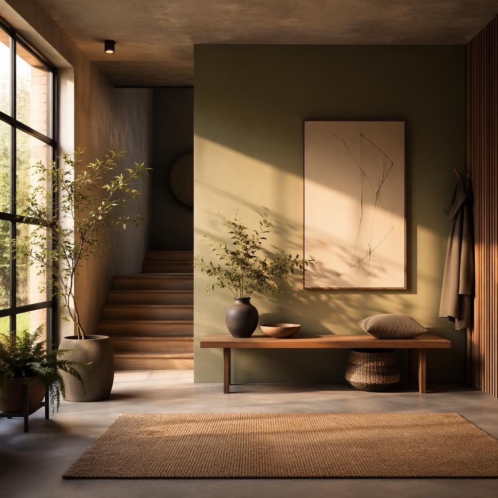 Minimalistischer Japandi-Flur in Salbei und Creme mit Holzbank, Pflanzen, Kunst, Textilien und warmem Abendlicht
