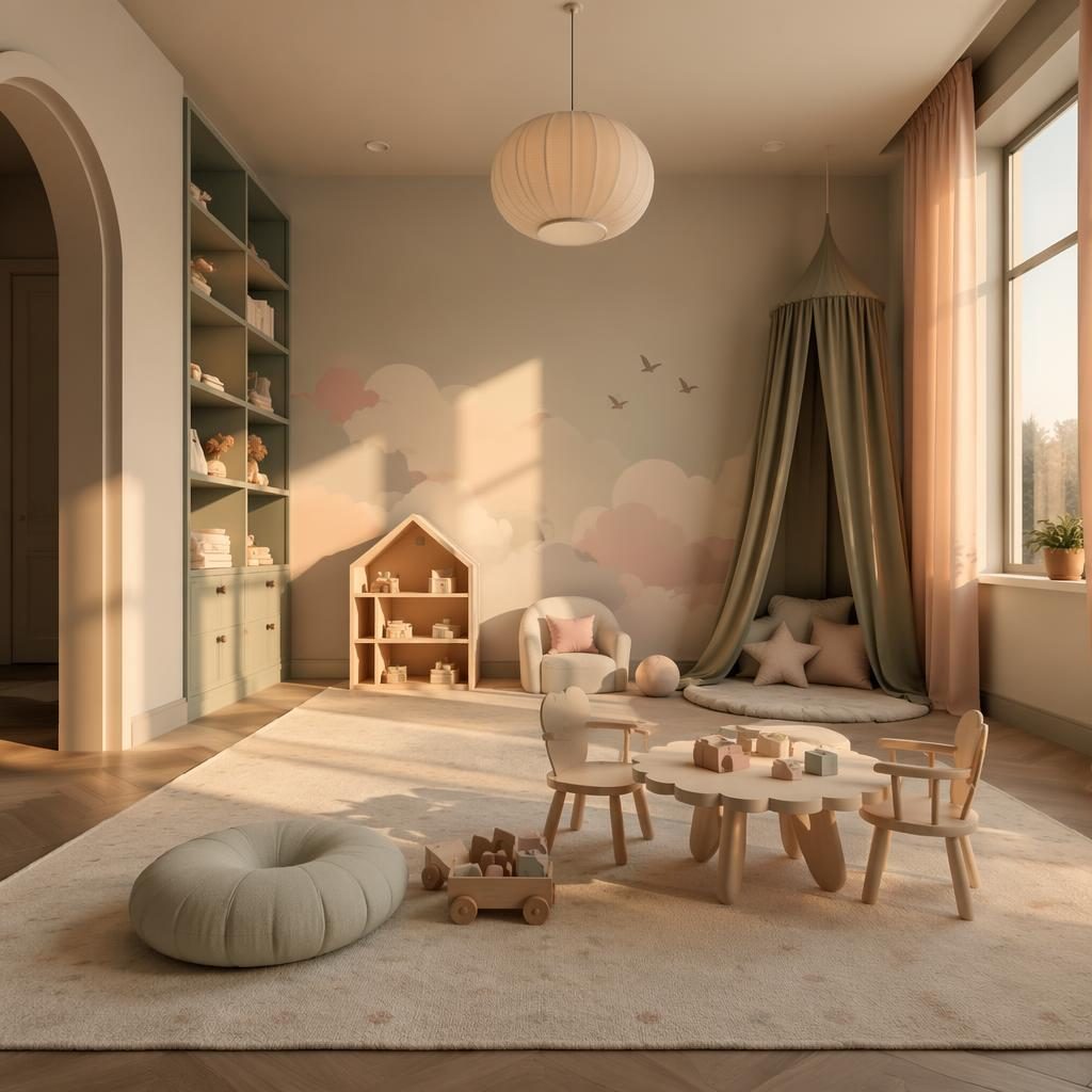 Pastel kids playroom in an art deco entryway style with cool greys, golden hour light, plants, textiles, and natural materials