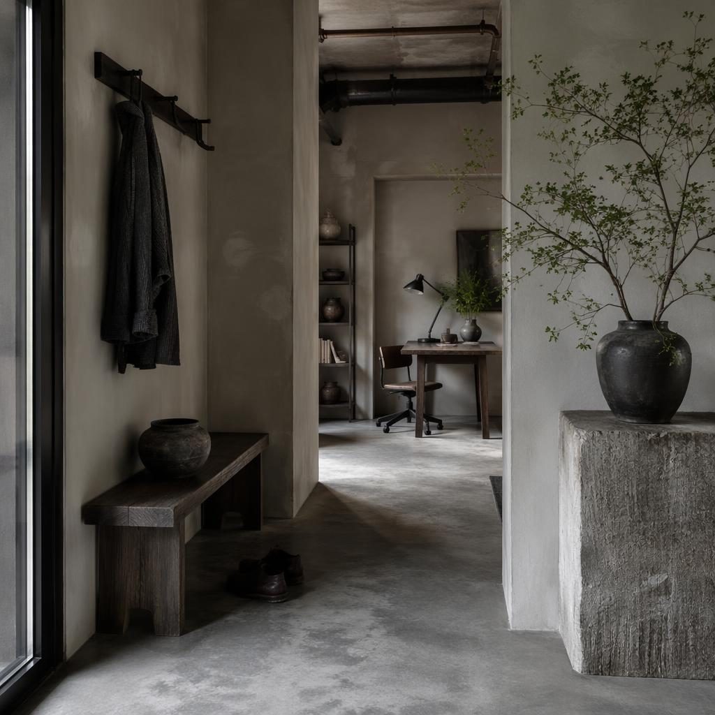 Salon wabi-sabi aux tons gris froids avec matériaux naturels, plantes, textiles, art mural et tuyaux industriels