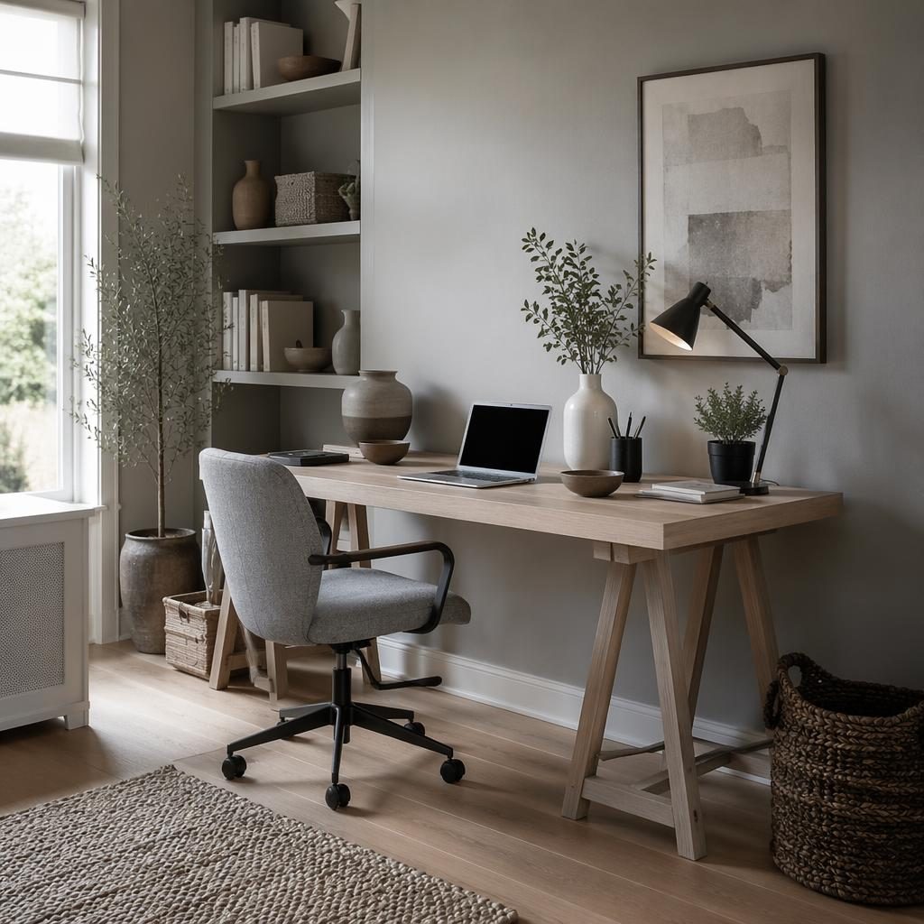 Scandinavian boho home office in cool grey tones with wood desk, soft daylight, plants, textiles, art and styled decor