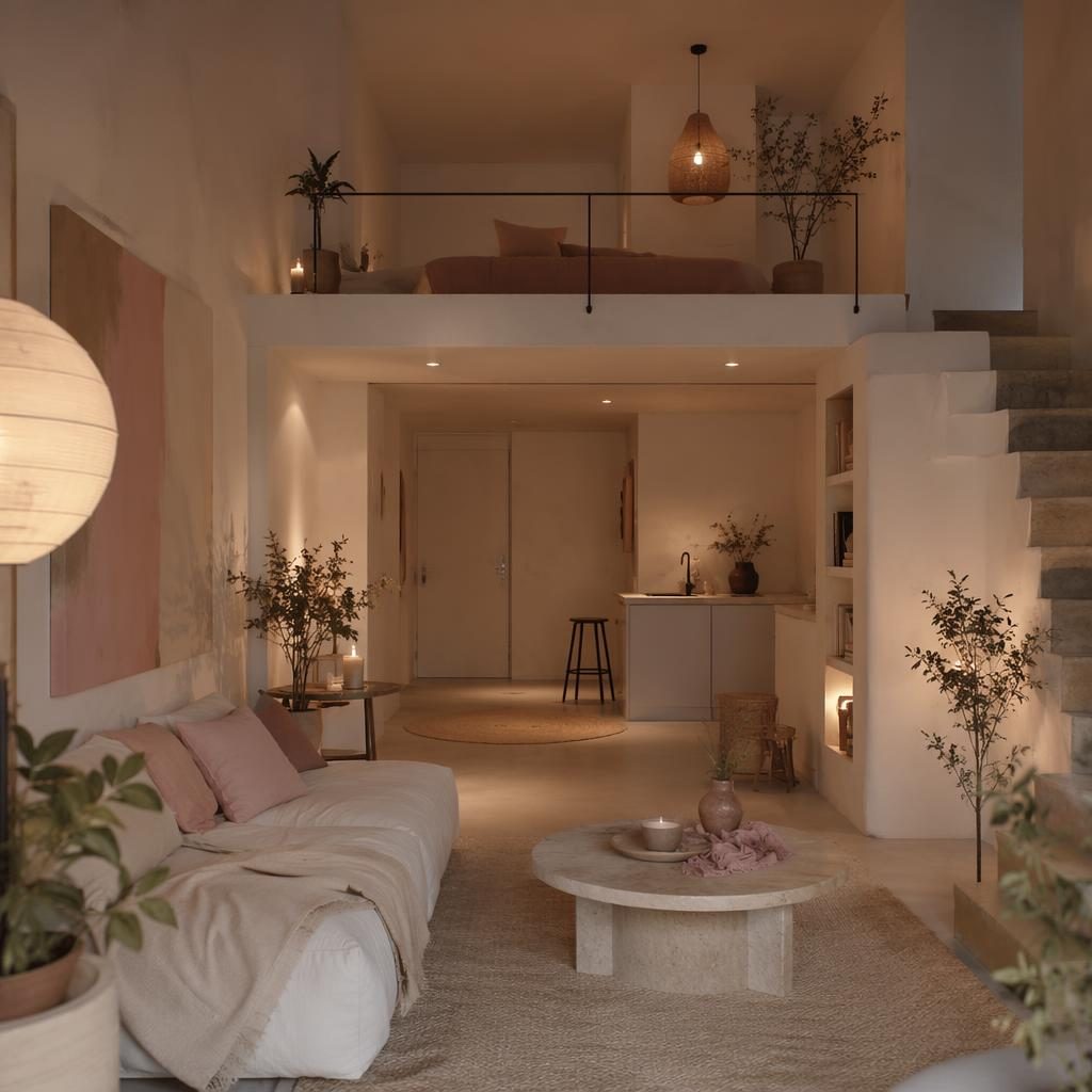 Minimalistisches weißes Loft mit Wabi-Sabi-Lesenische in Rosa und Beige, Pflanzen, Textilien, Kunst und Abendlicht.