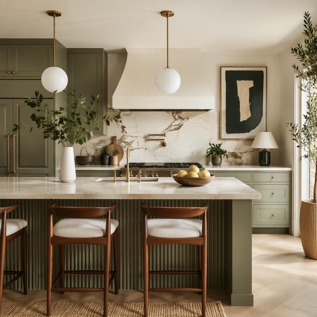 Minimalist sage and cream kitchen with natural materials, plants, art, textiles, soft daylight, and styled decor.