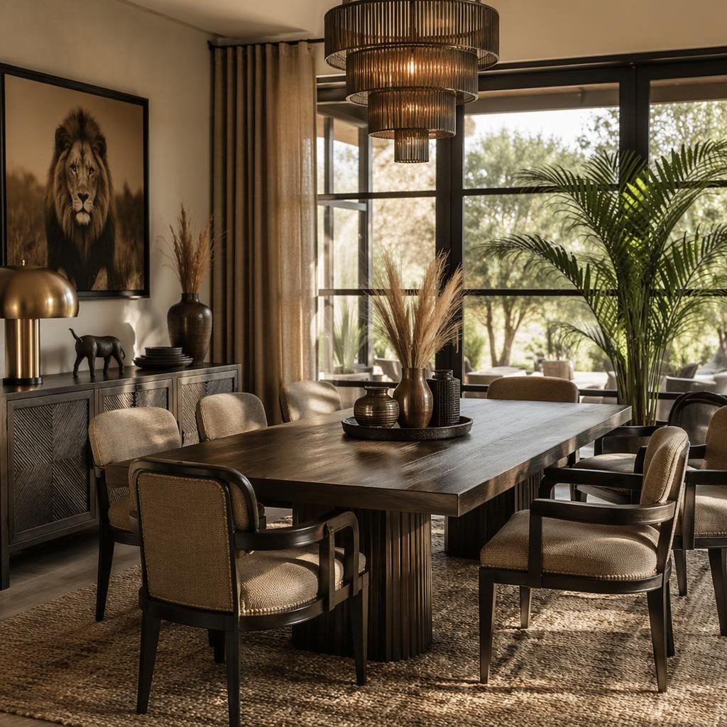 Art deco dining room in warm neutral tones with soft daylight, natural materials, plants, textiles, art, and an industrial metal bed frame.