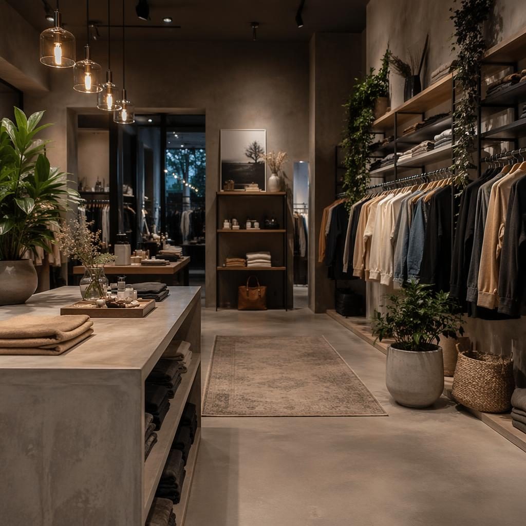 Oficina escandinava contemporánea en grises fríos, con madera natural, plantas, textiles y luz cálida de tarde.