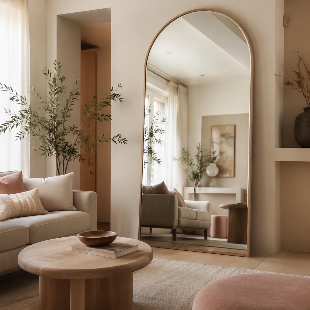 Modern teen bedroom in japandi style with pastel pink and beige tones, soft daylight, natural materials, plants and decor.