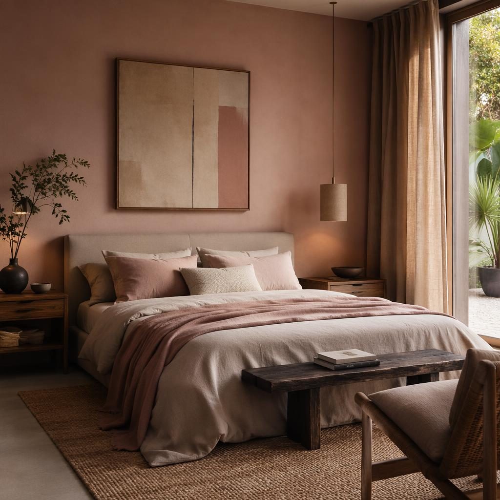 Chambre minimaliste rose pastel et beige, mobilier épuré, textiles doux, plantes, art mural et lumière tamisée.
