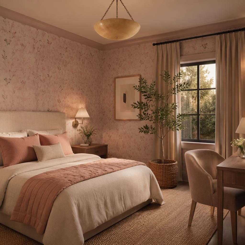 Modern teen bedroom with sheila bridges wallpaper, pastel pink and beige decor, warm evening light, plants and textiles.