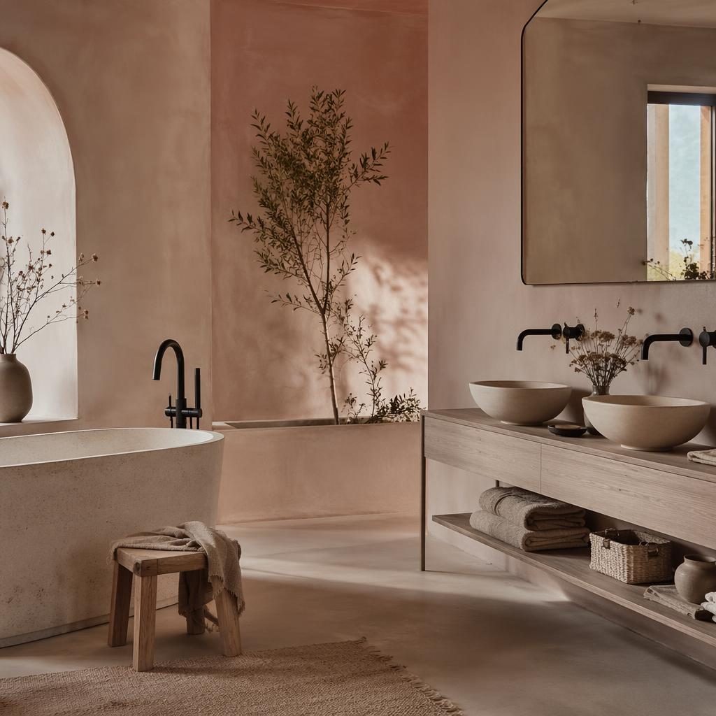 Salle de bain wabi-sabi minimaliste aux tons rose pastel et beige, avec robinetterie noire, plantes et lumière douce.