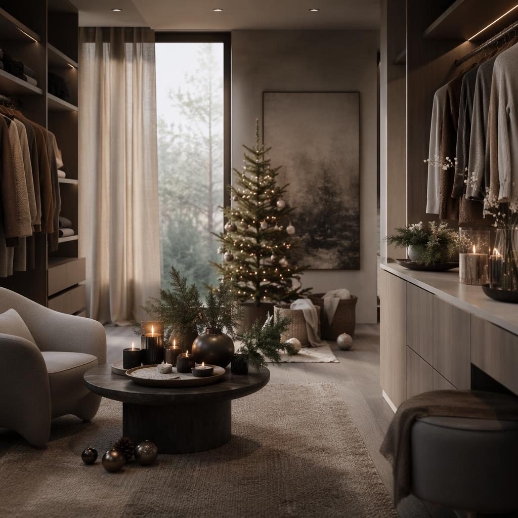 Dressing walk-in mid-century gris froid, lumière douce, matériaux naturels, plantes, art textile et touches de fêtes