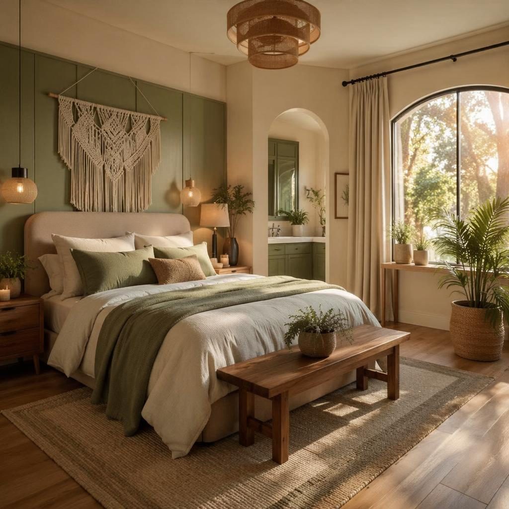 Interior realista estilo art déco con paleta salvia y crema, luz dorada, materiales naturales, plantas y textiles boho.