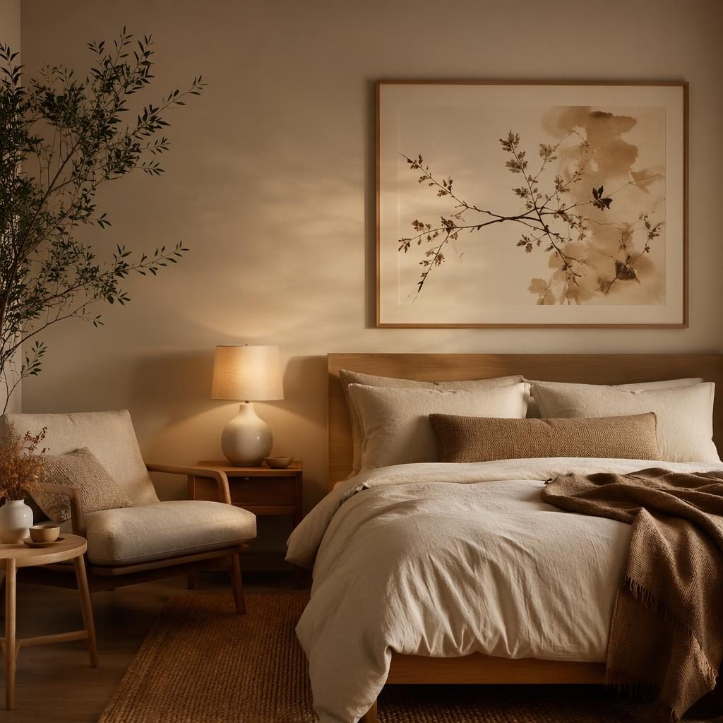 Japandi living room reading nook in earth tones with natural wood, textiles, plants, wall art, and over bed decor.