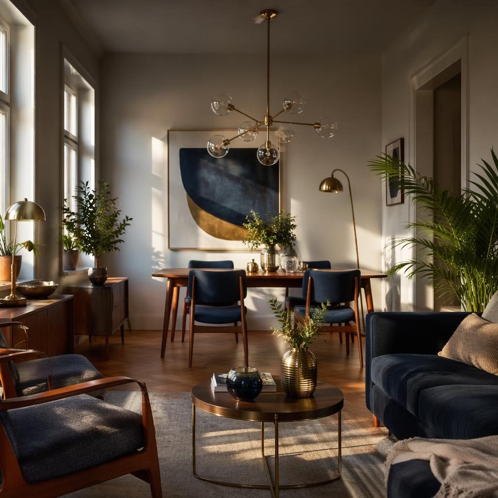 Mid-century living room with blue and brass accents, golden hour light, wood furniture, plants, art, and textiles