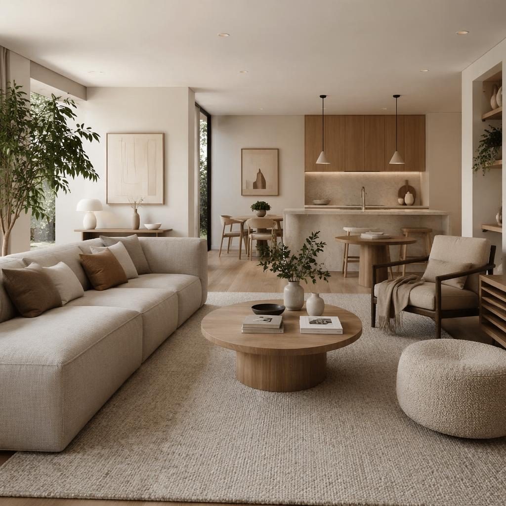Minimalistisches Wohnzimmer mit warmen Neutraltönen, Tageslicht, Pflanzen, Kunst und realistischer Möbelanordnung