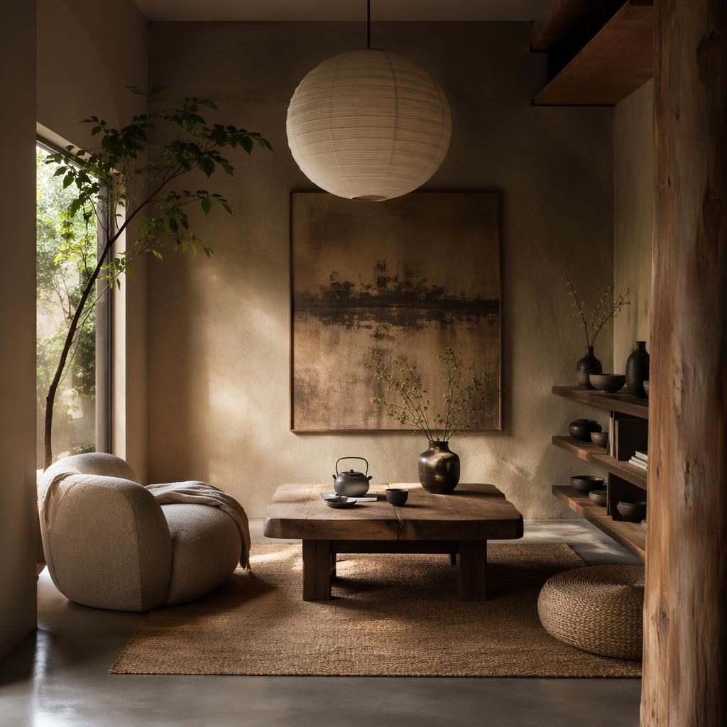 Rincón de lectura estilo japandi con sala de té, tonos neutros cálidos, madera natural, textiles, plantas y luz ambiental tenue.