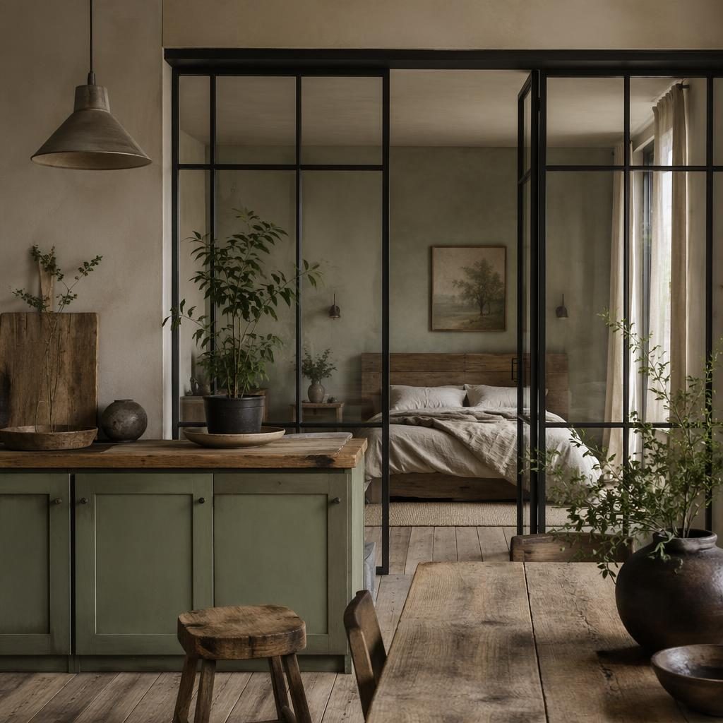 Chambre farmhouse en bois recyclé, palette sauge et crème, verrière intérieure, plantes, textiles et lumière diffuse.