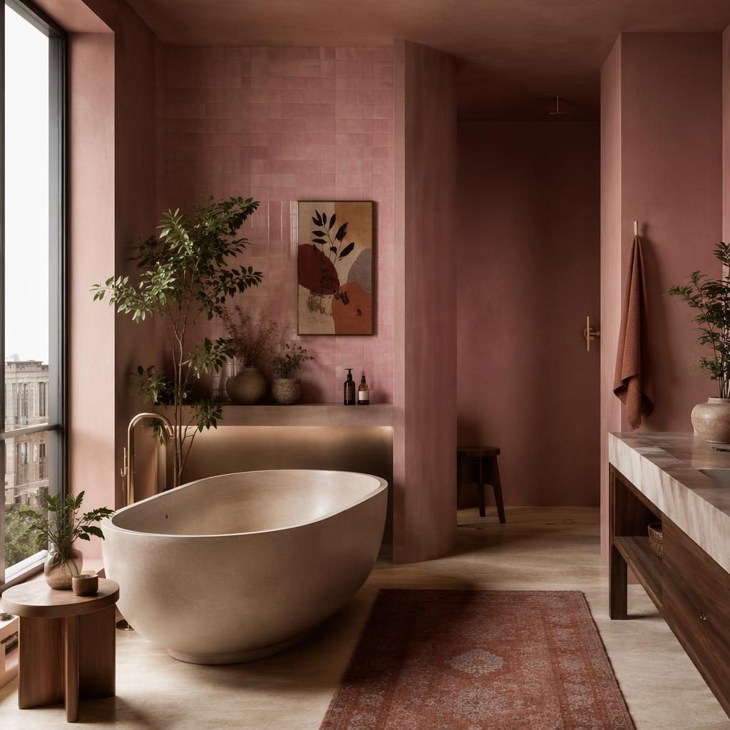 Salle de bain minimaliste moderne en rose pastel et beige, matériaux naturels, plantes, art et textiles, ambiance feutrée