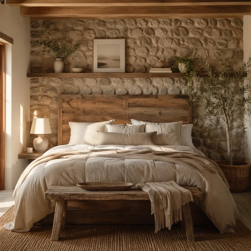 Dormitorio tipo farmhouse con muro de madera recuperada, tonos neutros cálidos, textiles, plantas y luz dorada.