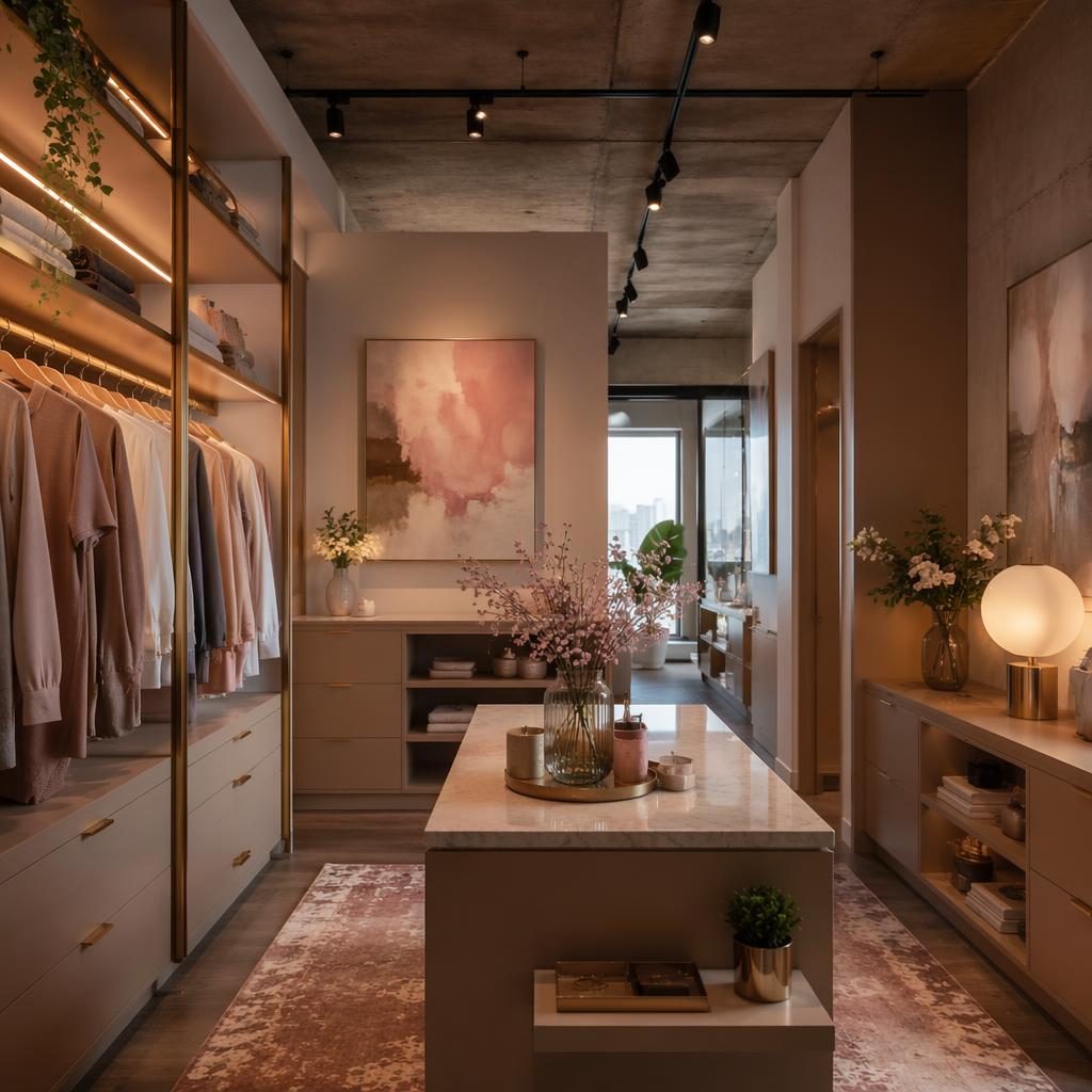 Luxury walk-in closet interior in pastel pink and beige with shelves, decor accents, plants, textiles, and golden hour light.