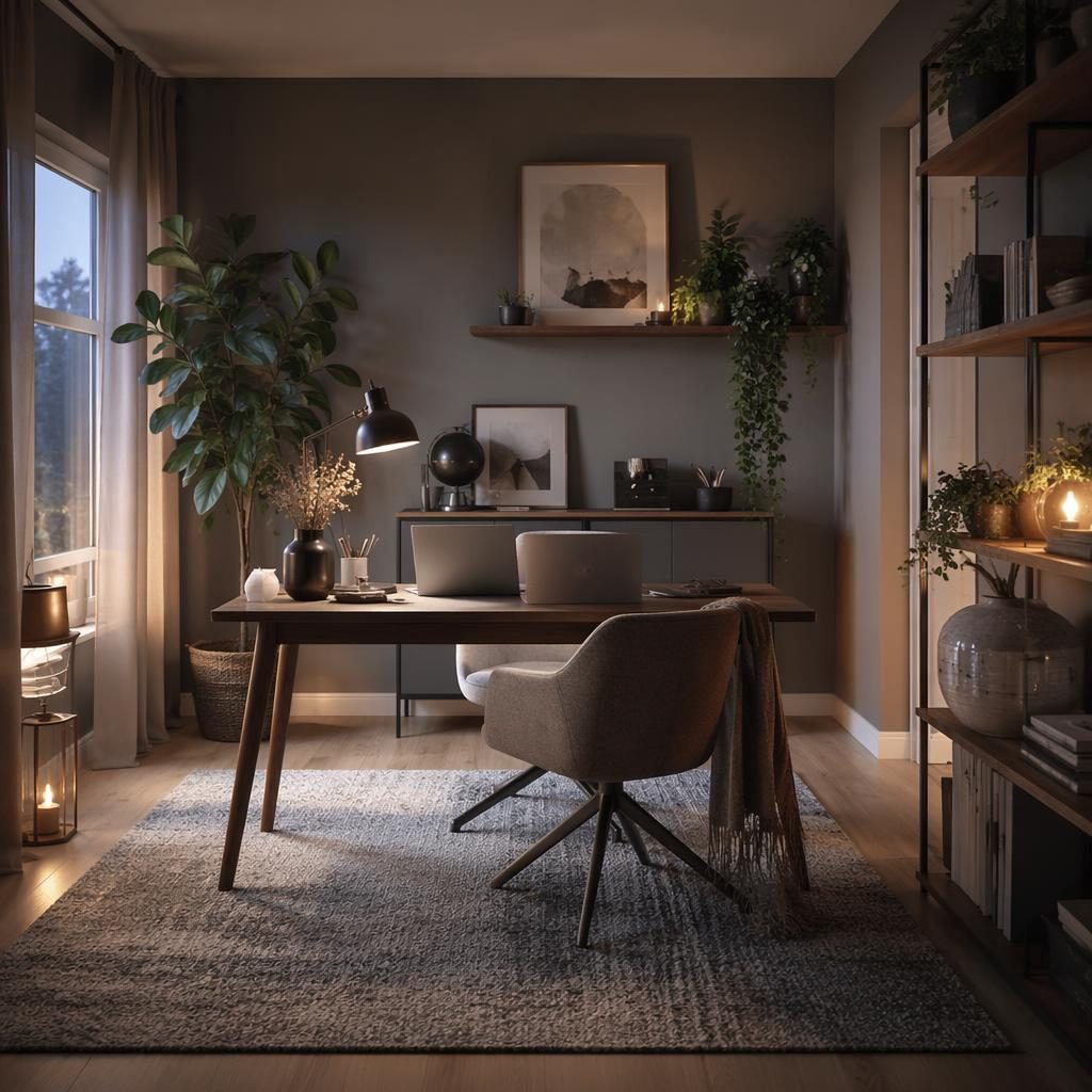 Skandinavisches Homeoffice in kühlen Grautönen mit Holz, Pflanzen, Kunst, Textilien und warmem Abendlicht