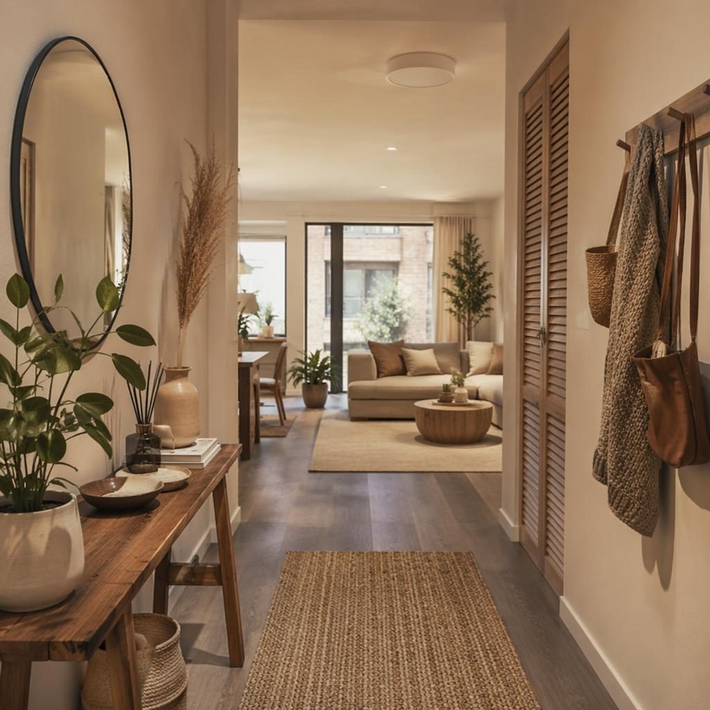 Boho-Eingangsbereich in warmen Naturtönen mit Pflanzen, Kunst, Textilien und modernem Möbel-Layout im Penthouse