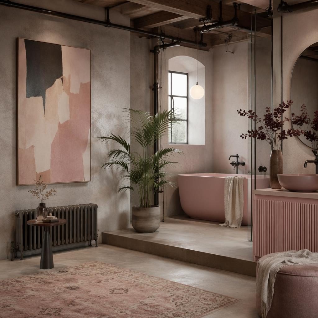 Art deco bathroom in an industrial loft with pastel pink and beige walls, natural materials, plants, textiles, and soft light.
