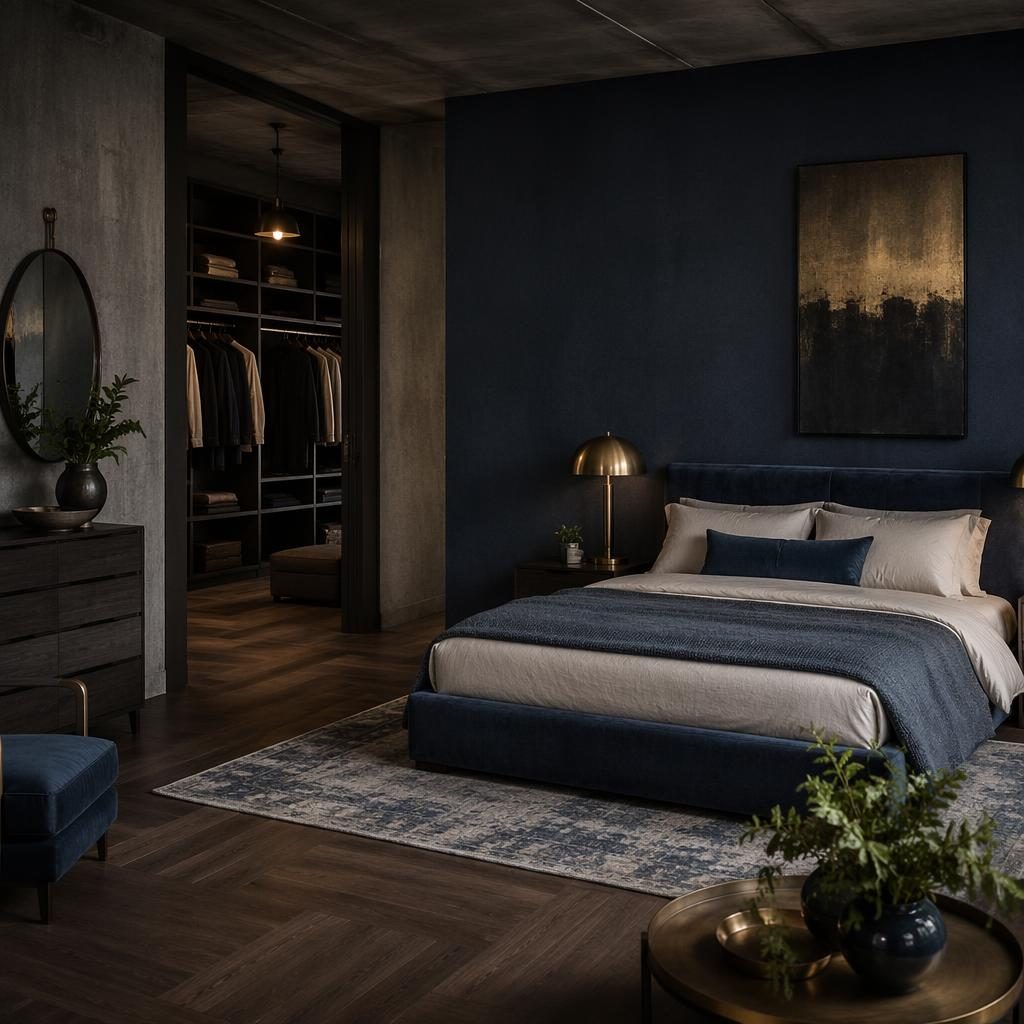 Industrial bedroom interior with a minimalist walk-in closet, blue and brass accents, natural materials, plants, art, and textiles.