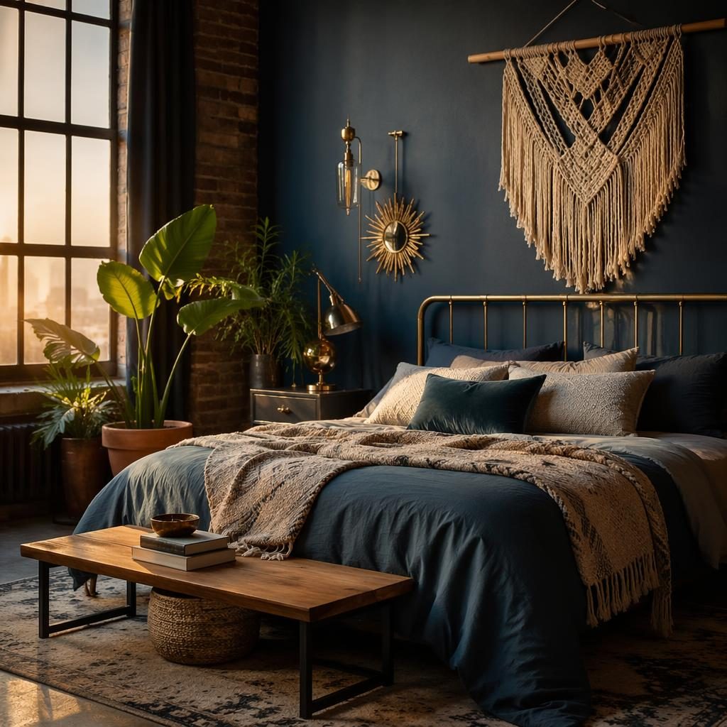 Chambre art déco bohème avec macramé, palette bleu et laiton, plantes, textiles et lumière dorée, sans personne
