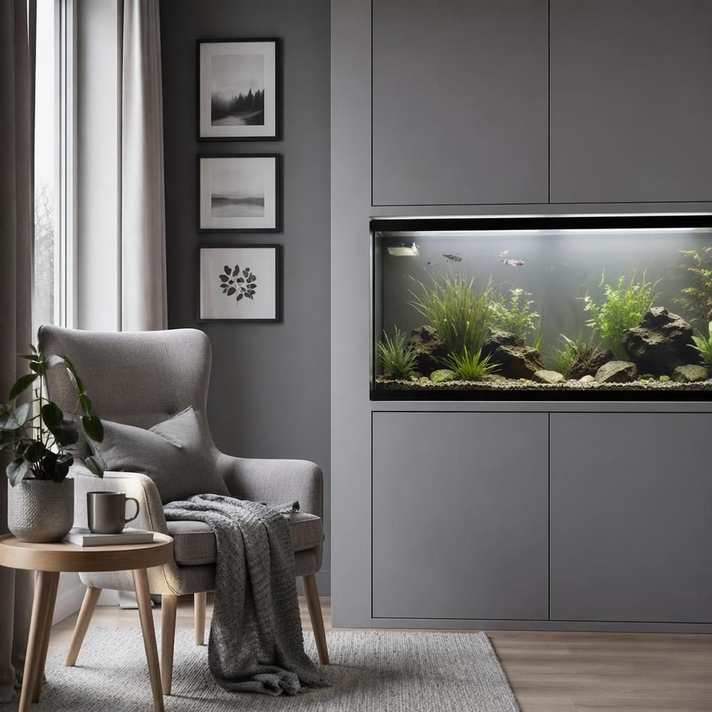 Modern Scandinavian reading nook in a cool grey interior with natural materials, plants, art, textiles, and a fish tank.