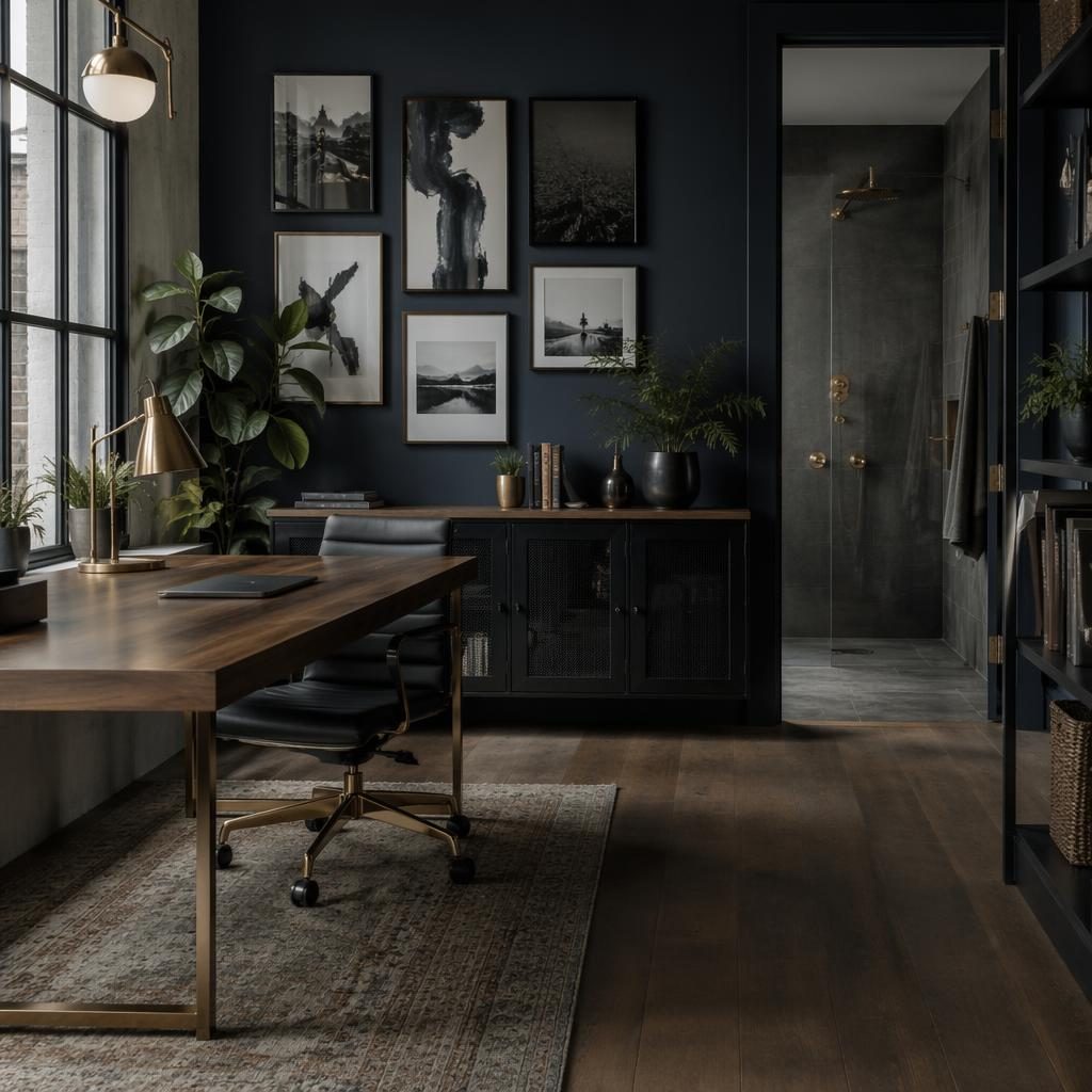 Moody industrial home office interior with blue and brass accents, gallery wall, plants, textiles, and natural materials.
