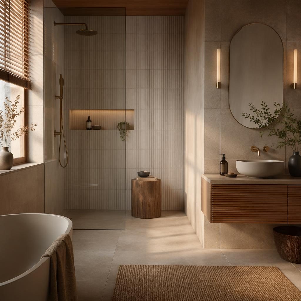 Japandi industrial loft interior in warm neutrals at golden hour with natural materials, plants, art, textiles, no people