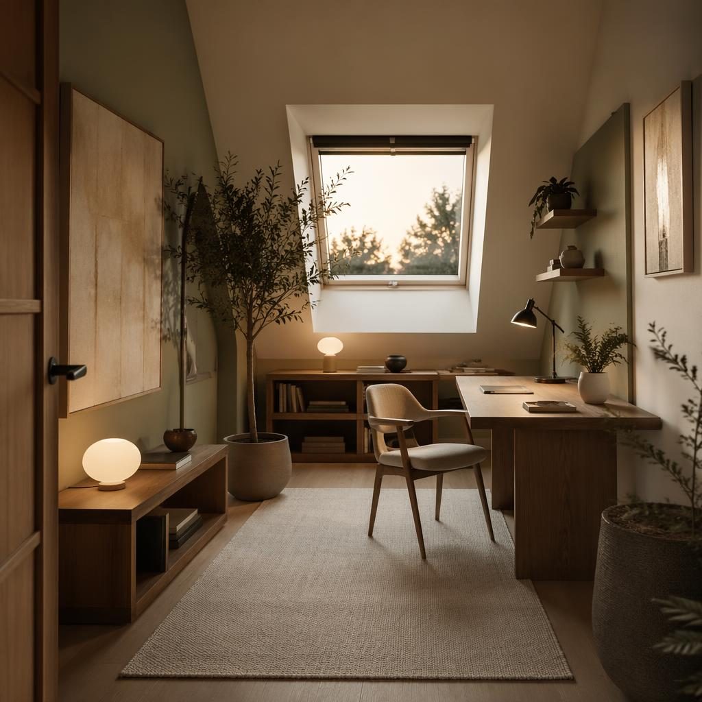 Japandi-Arbeitszimmer im Dachgeschoss mit salbei-cremefarbener Palette, Holz, Pflanzen, Textilien und warmem Abendlicht