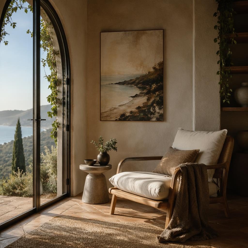 Scandinavian reading nook in a coastal living room with earth tones, natural wood, plants, textiles, and moody light.