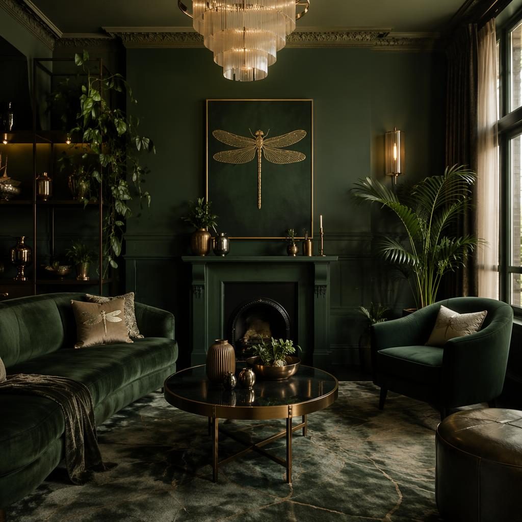 Emerald art deco living room with dragonfly decor, earth tones, plants, textiles, moody lighting, and realistic styling.