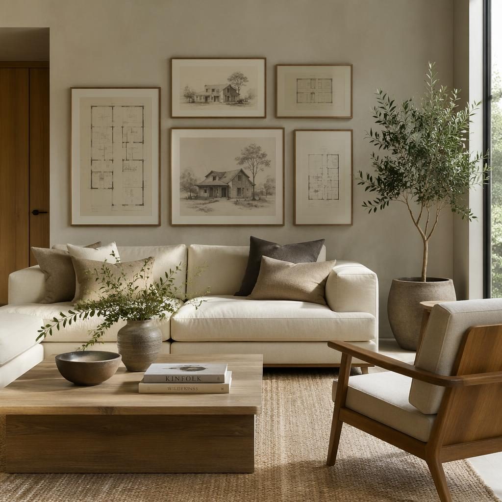 Minimalistische woonkamer met warme neutrale tinten, houten meubels en ingelijste huistekeningen en plattegronden aan de muur.